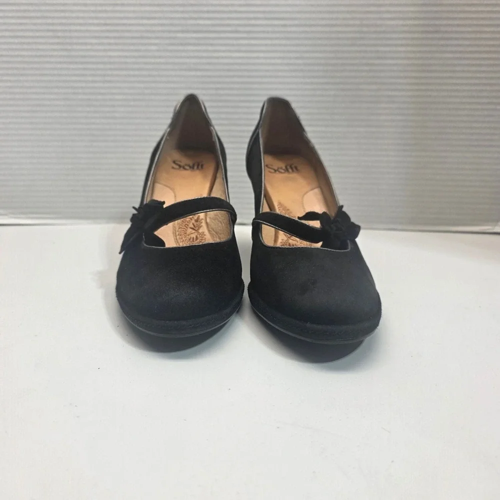Sofft Womens Black Suede‎ Mary Jane Pumps Floral Bow Mid Heels Size 8M 1015761